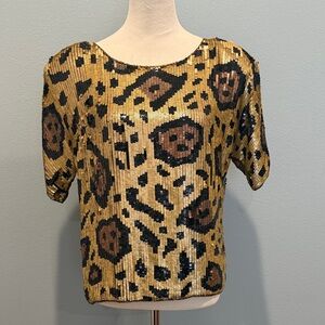 Jean for Joseph Le Bon 1980's Leopard Print Gold Sequin Silk Top M
